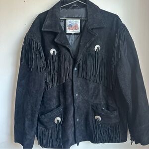 VTG Excelled Genuine Suede Leather Black Fringe Western Button Up Jacket Mens XL